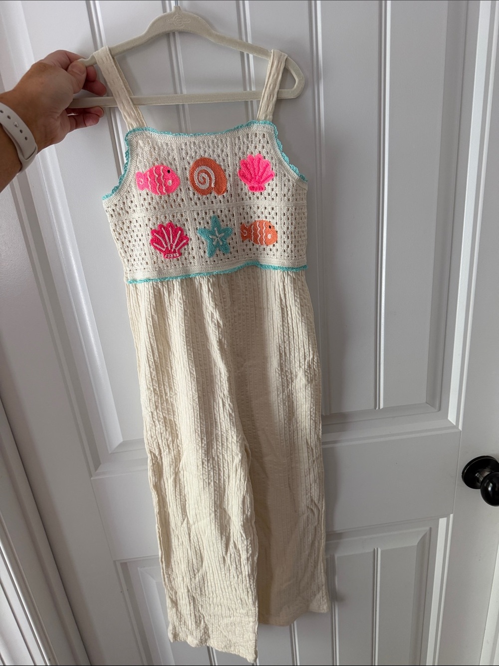 Zara Cream Knit Bodice Maxi One-Piece with Pink & Orange Sea Motifs